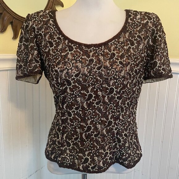 Adrianna Papell Womens Silk Beaded Blouse Paisley Design Size 8 - Picture 1 of 7